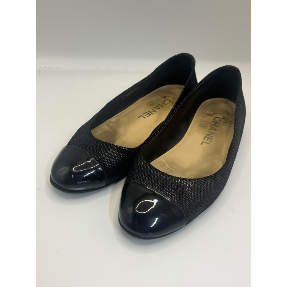 CHANEL G28536 Black Mesh Patent Cap Toe Ballet Flats EU 36.5 Italy